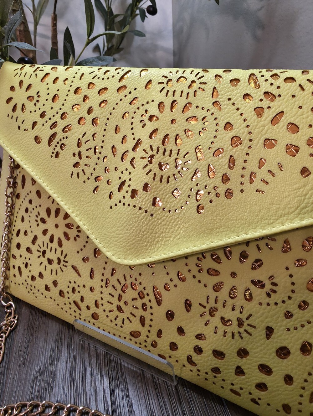 Yellow Laser-Cut Envelope Clutch with Chain Strap - Picture 2 of 5